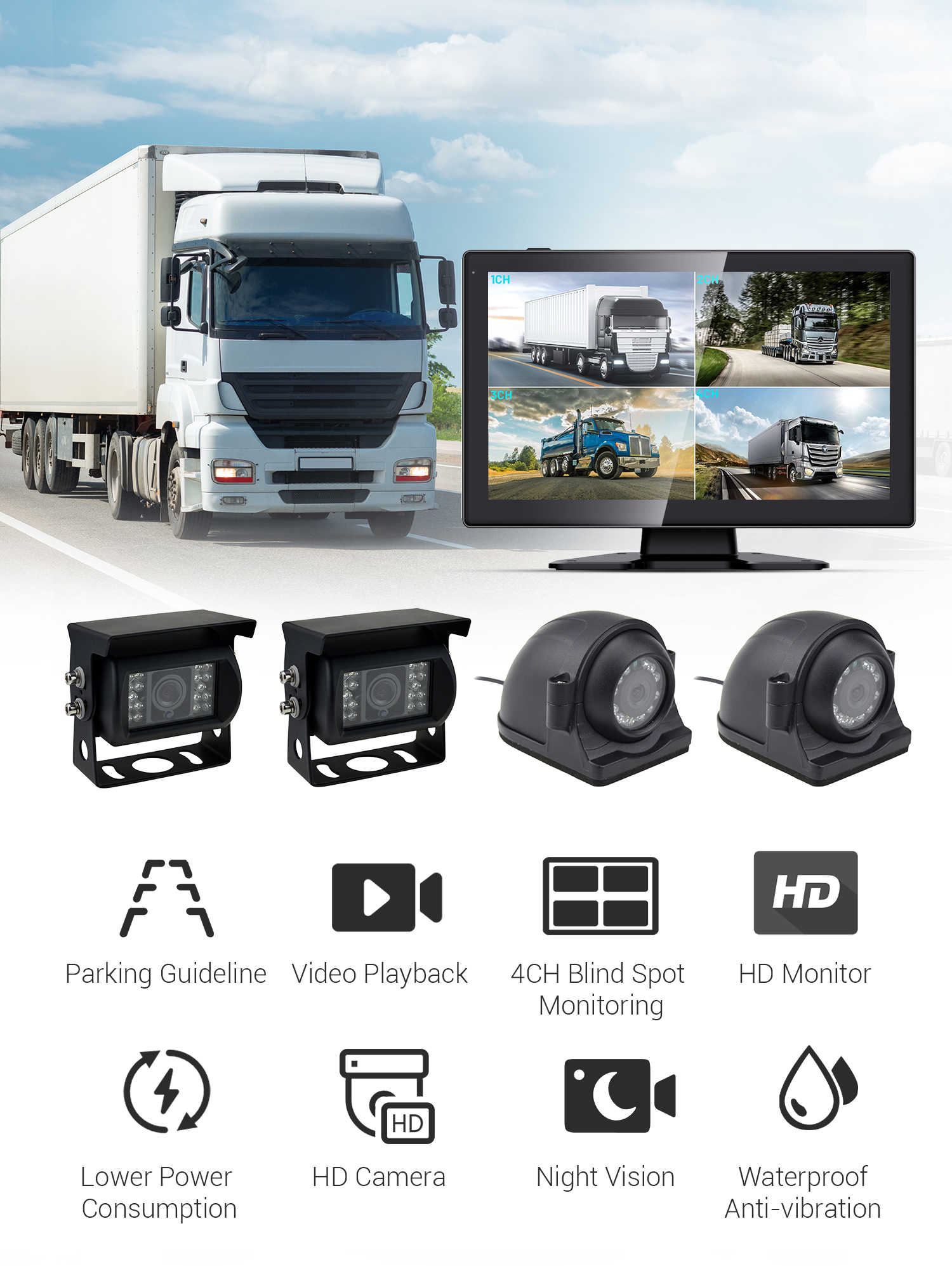 10.1 Inch LCD Monitor 24V Truck Backup Reverse Camera System with IP68 ...