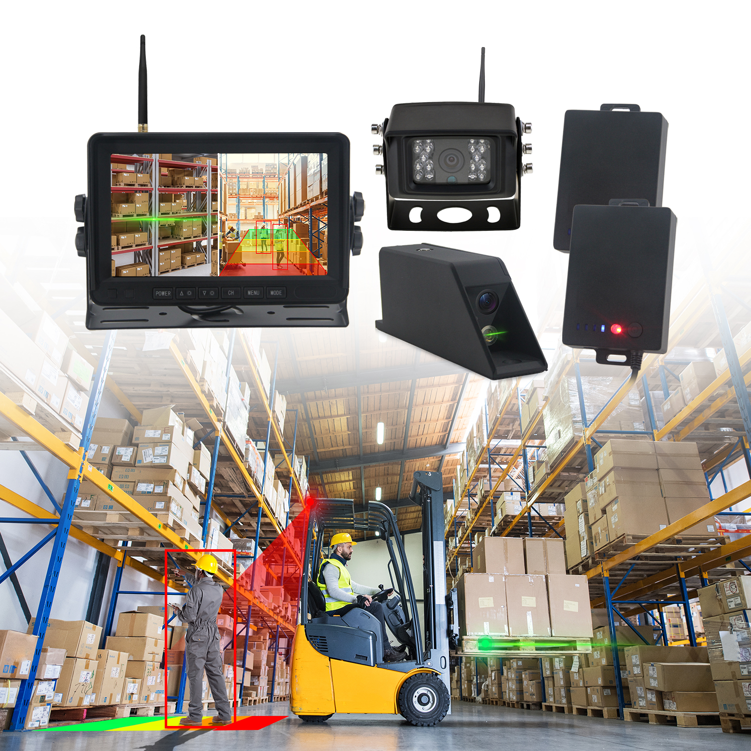 7 Inch AI BSD Forklift Camera Wireless System Monitor with Laser Light and Magnetic Housing for Reverse Camera, Rearview Camera