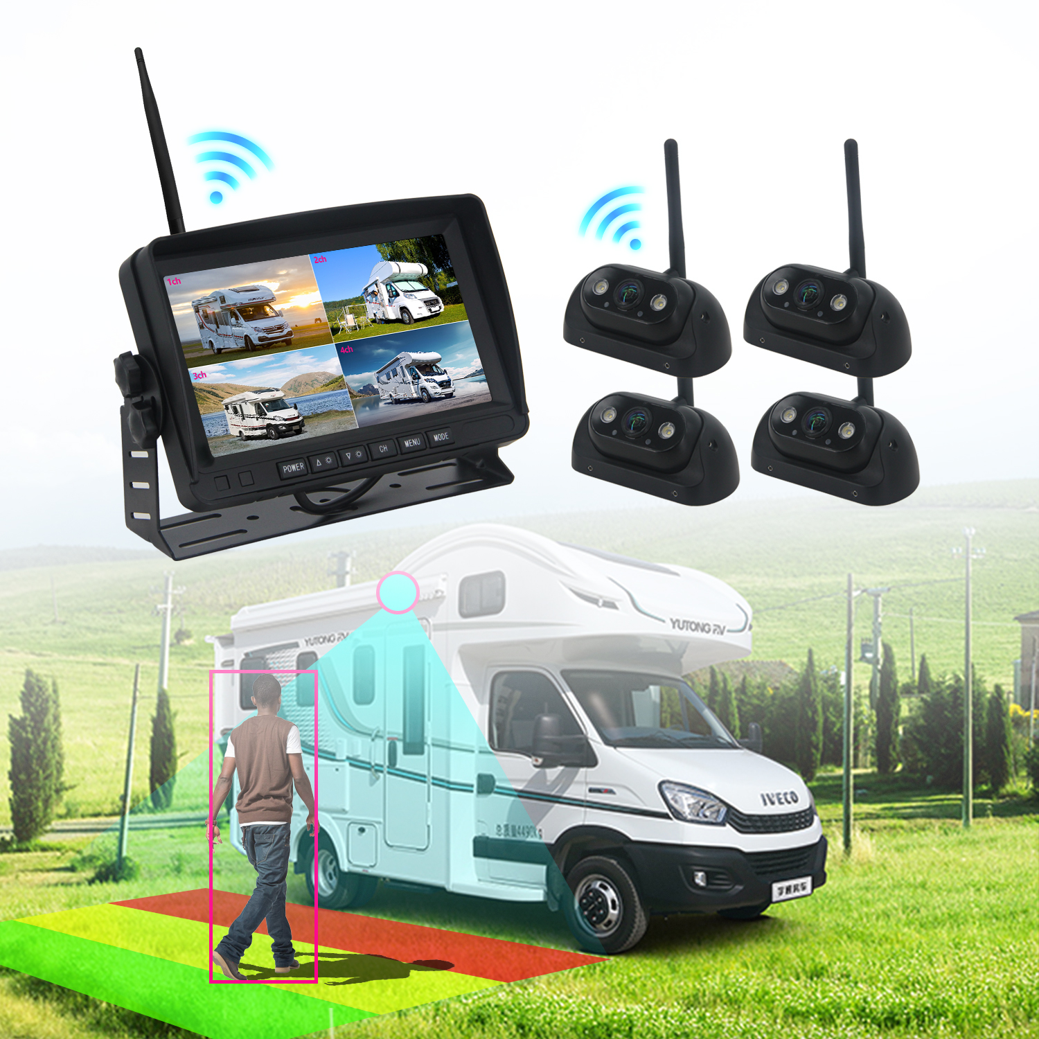 1080P HDA AI BSD 4CH Wireless Security Camera System for RV With 7Inch Monitor