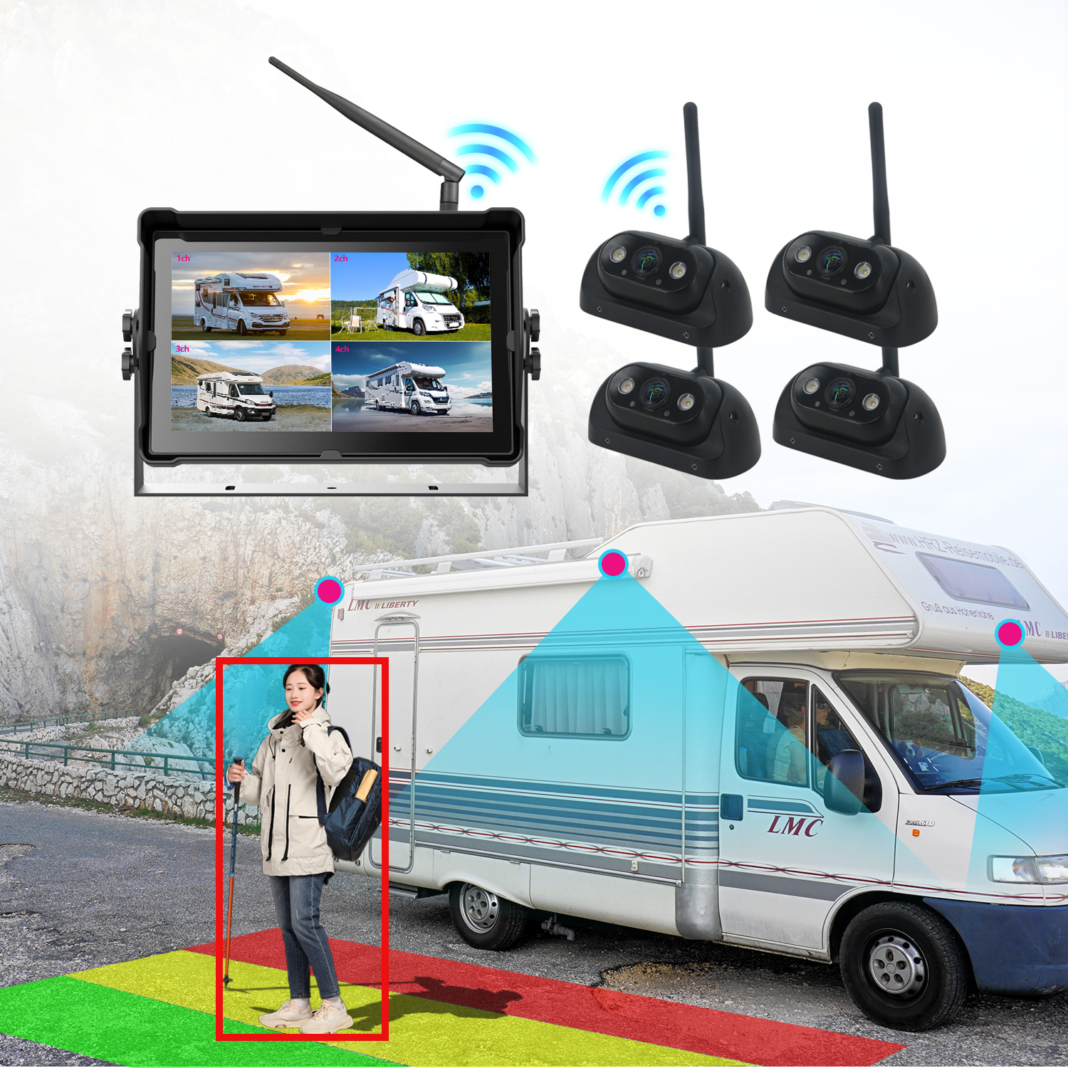 10.1 Inch Waterproof RV Display with 4-Channel Wireless Waterproof Camera and AI BSD Function