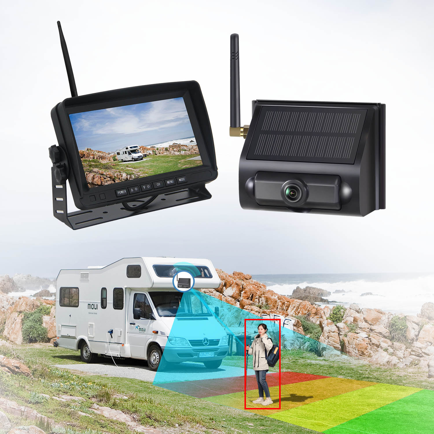 7inch Wireless Backup Camera Monitor BSD Solar Power IP68 Waterproof for RV Caravans Cars Trucks